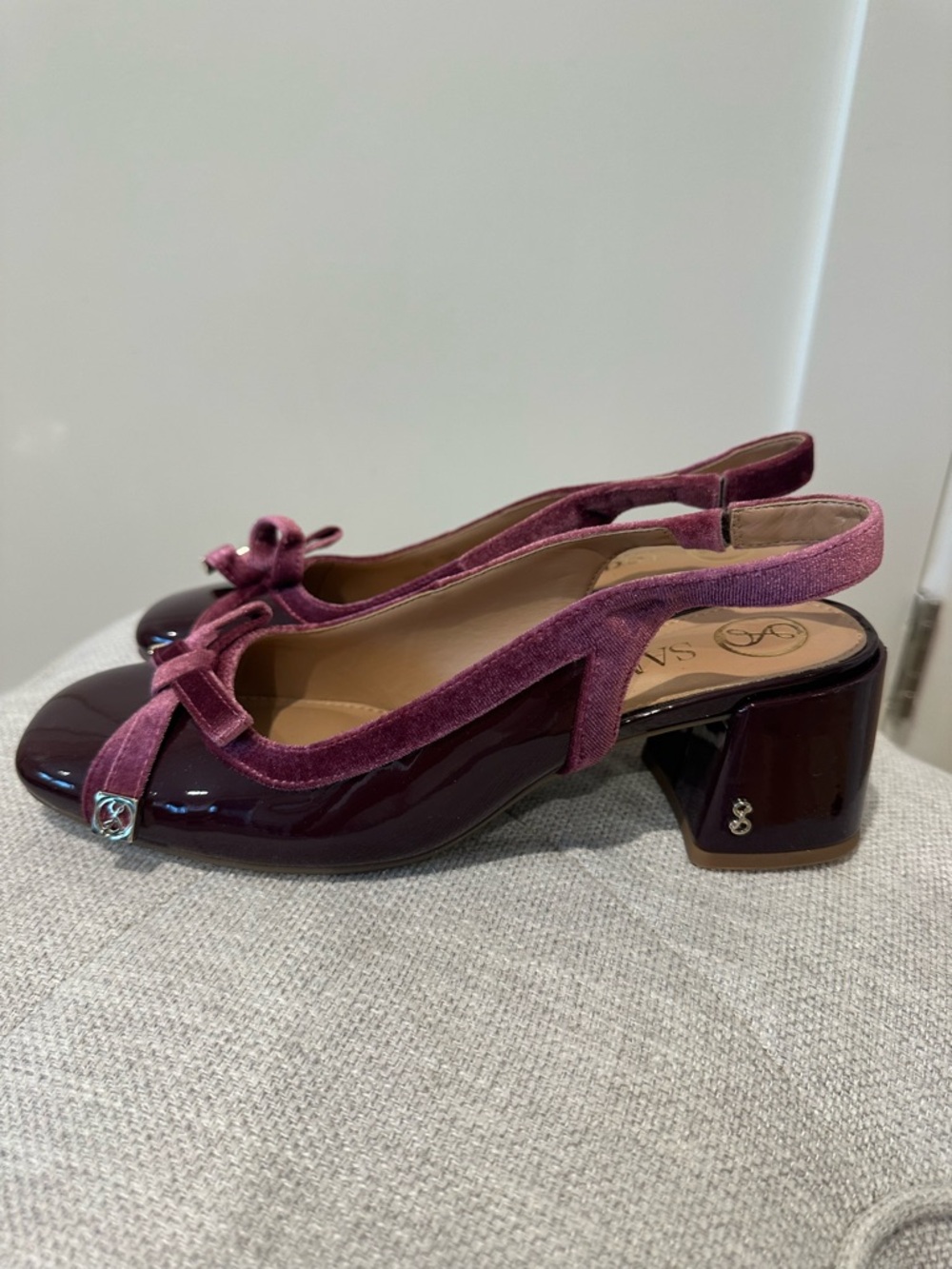 Sam & Libby size 8 Giselle burgundy slingback patent and velvet pumps.
